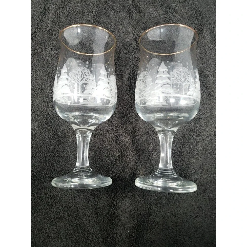 Arby's Libbey Glass Vintage Winter Wonderland Goblets Trees Snow Gold Rim 1980s